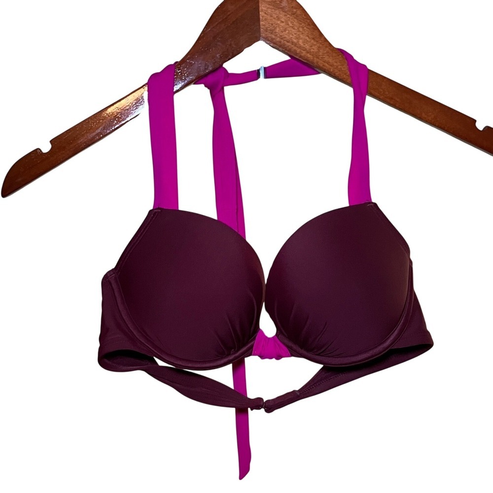 Aerie Bikini Top Women's 34B Vibrant Burgundy Magenta Halter Push Up Underwire
